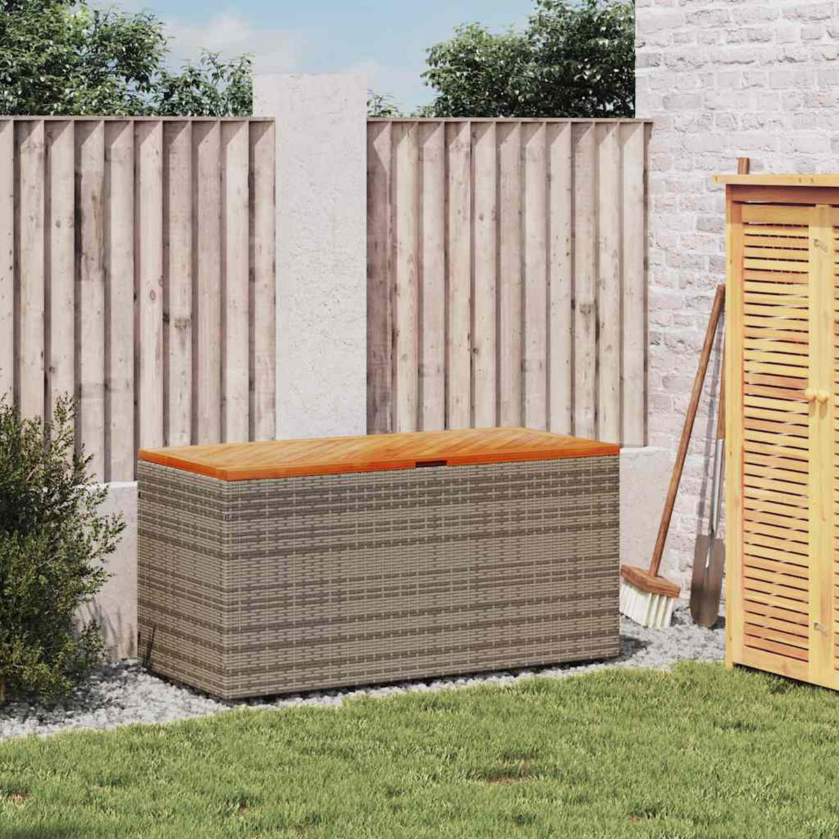 GARTENTRUHE Grau 110x50x54 cm Poly Rattan Akazienholz - Grau, Kunststoff (110/54/50cm) - furnicato
