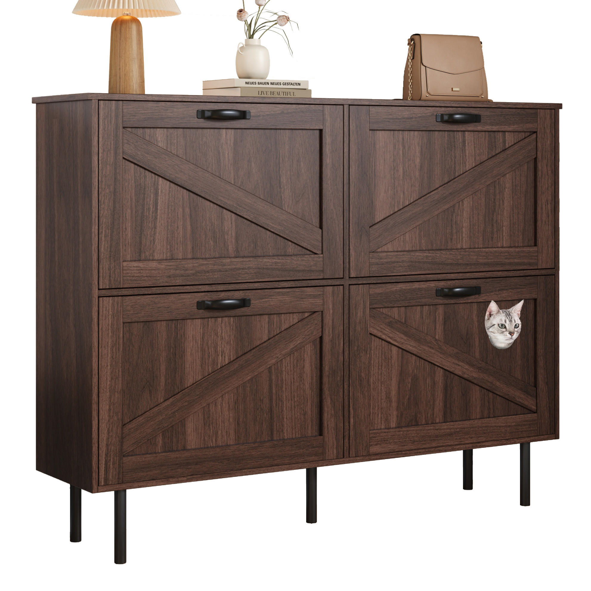 OKWISH BOTNÍK 120/28/92 cm v odstínu Natural Walnut z dřevotřísky s výklopnými policemi a hračkou pro kočky