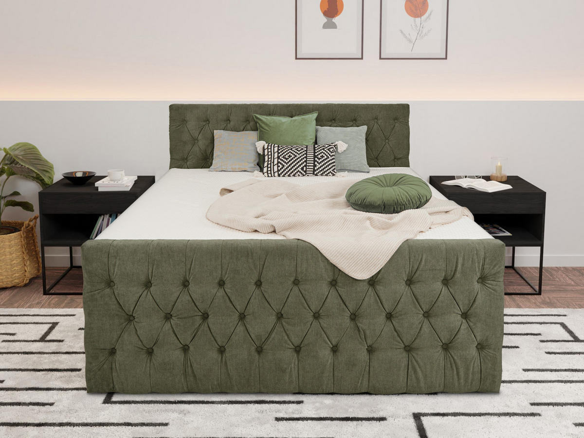 BOXSPRINGBETT London olive 160 /200 cm H3/H4 Samt - Olivgrün, Textil (160/200cm) - wonello