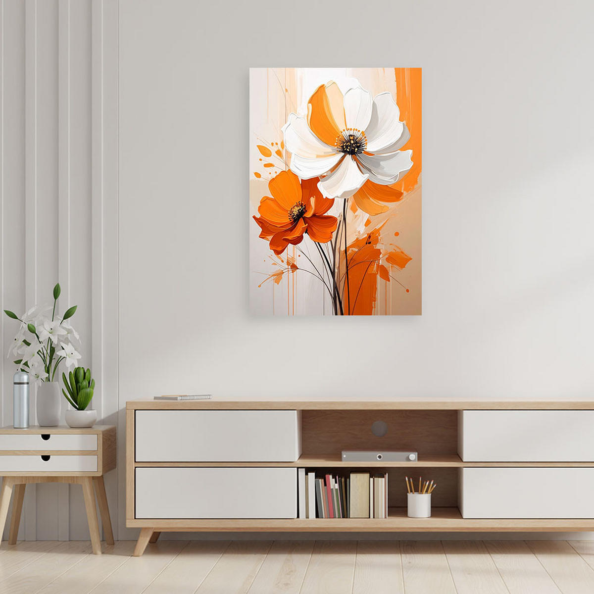 BILD auf Leinwand, Weiße und orangefarbene Blüten in einer modernen Komposition - Orange, Textil (20/30cm) - Feeby