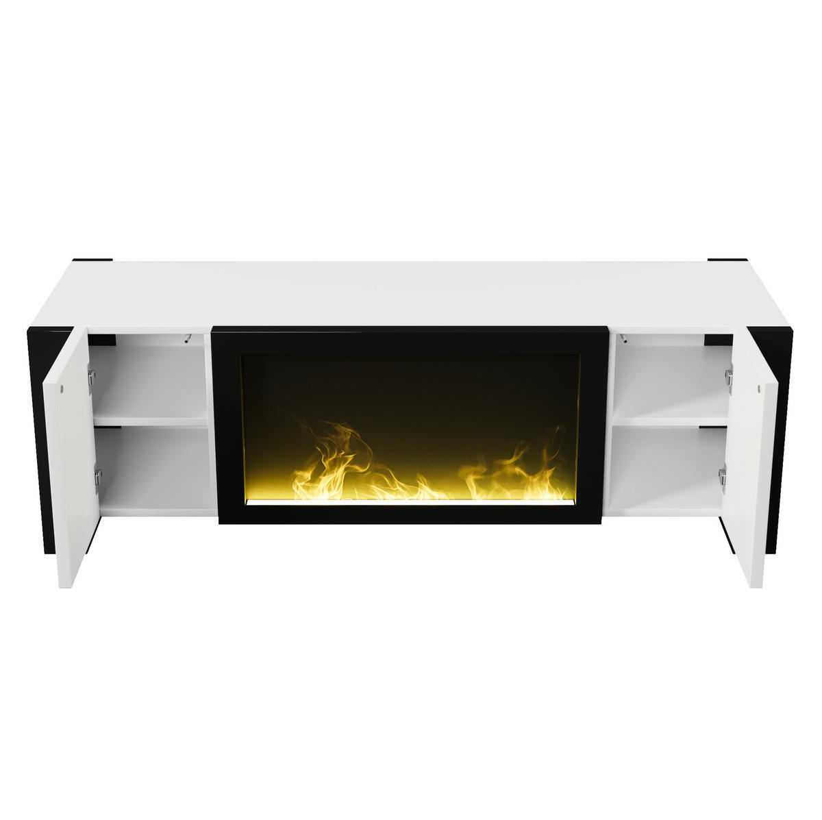 TV stolek 165/32/55 cm s elektrickým krbem, vysoký lesk a úložný prostor, Bílá/Černá - černá, kompozitní dřevo (165/55/32cm) - Redom