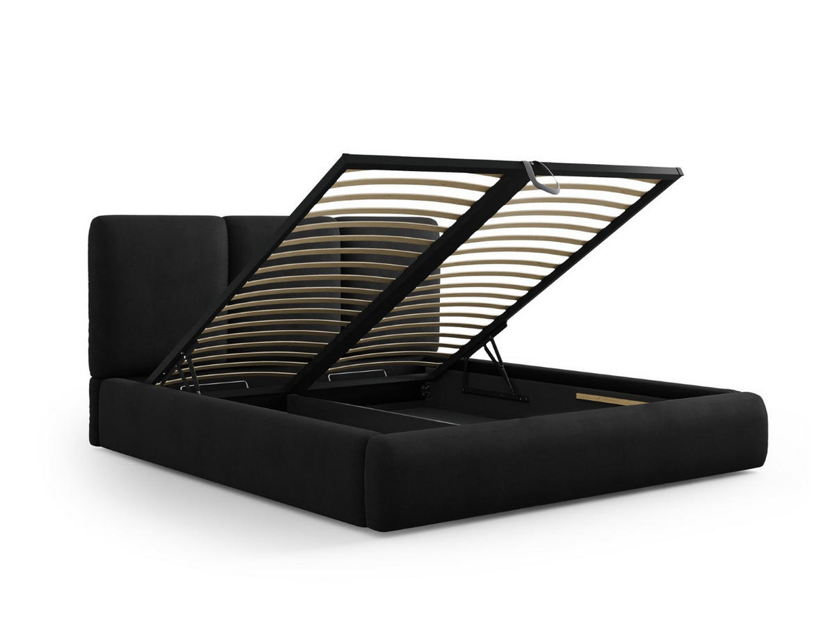 BETT mit Bettkasten und Kopfteil Nicolas aus Chenille-Stoff schwarz 180x200cm - Schwarz, Textil (180/200cm) - Cosmopolitan Design