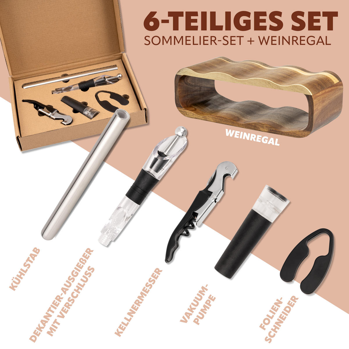 WEINREGAL-SET 6tlg, Akazienholz - Akaziefarben, Holz (38/12.5/16cm) - eluno