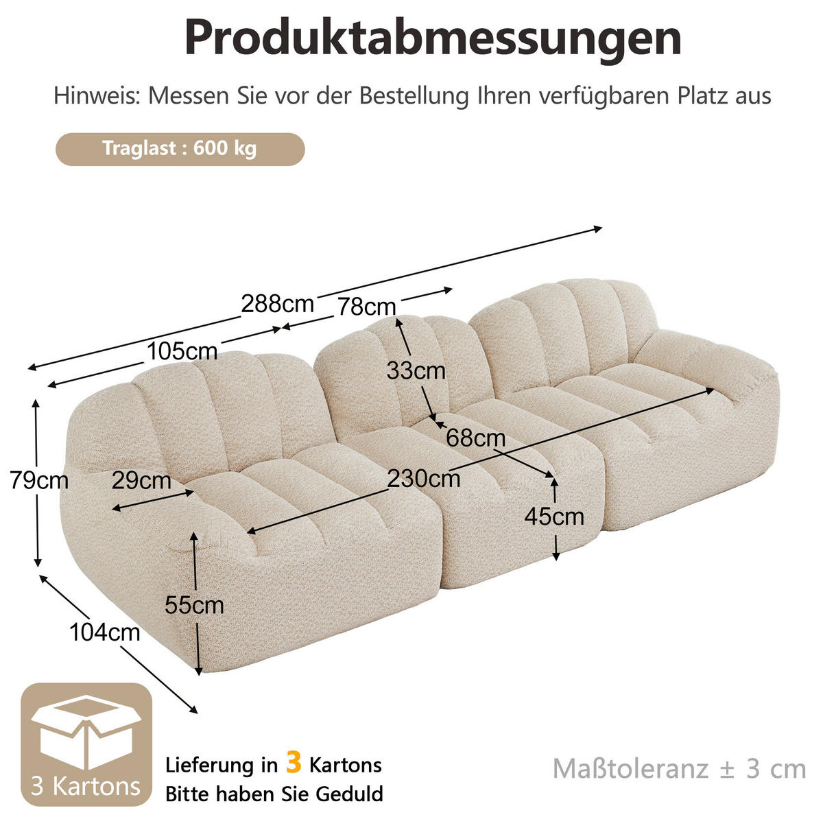 MODULARES Ecksofa mit granuliertem Fleece in Beige-Weiß 288x104x79 cm, flexibel stellbar mit Ottomane - Creme, Textil (104/79/288cm) - IVMEU