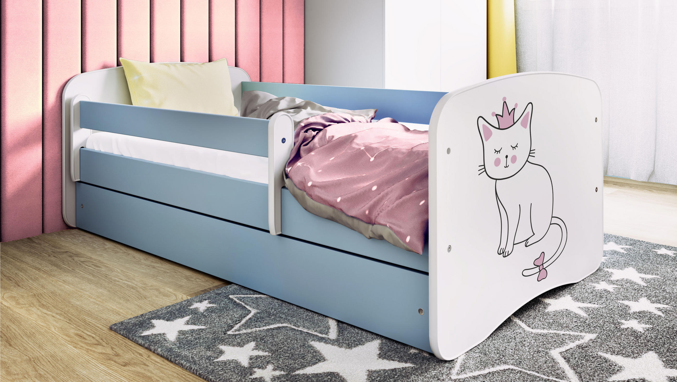 KINDERBETT Katze mit Schublade 140/70 80/61/144 - Blau, Holzwerkstoff (70/140cm) - RAUMHIRSCH FURNITURE