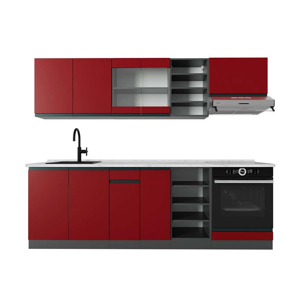 KÜCHENZEILE R-Line Rot/Anthrazit 240 cm J-Shape, AP Marmor - Anthrazit/Rot, Holzwerkstoff (240/206.8/60cm) - Vicco
