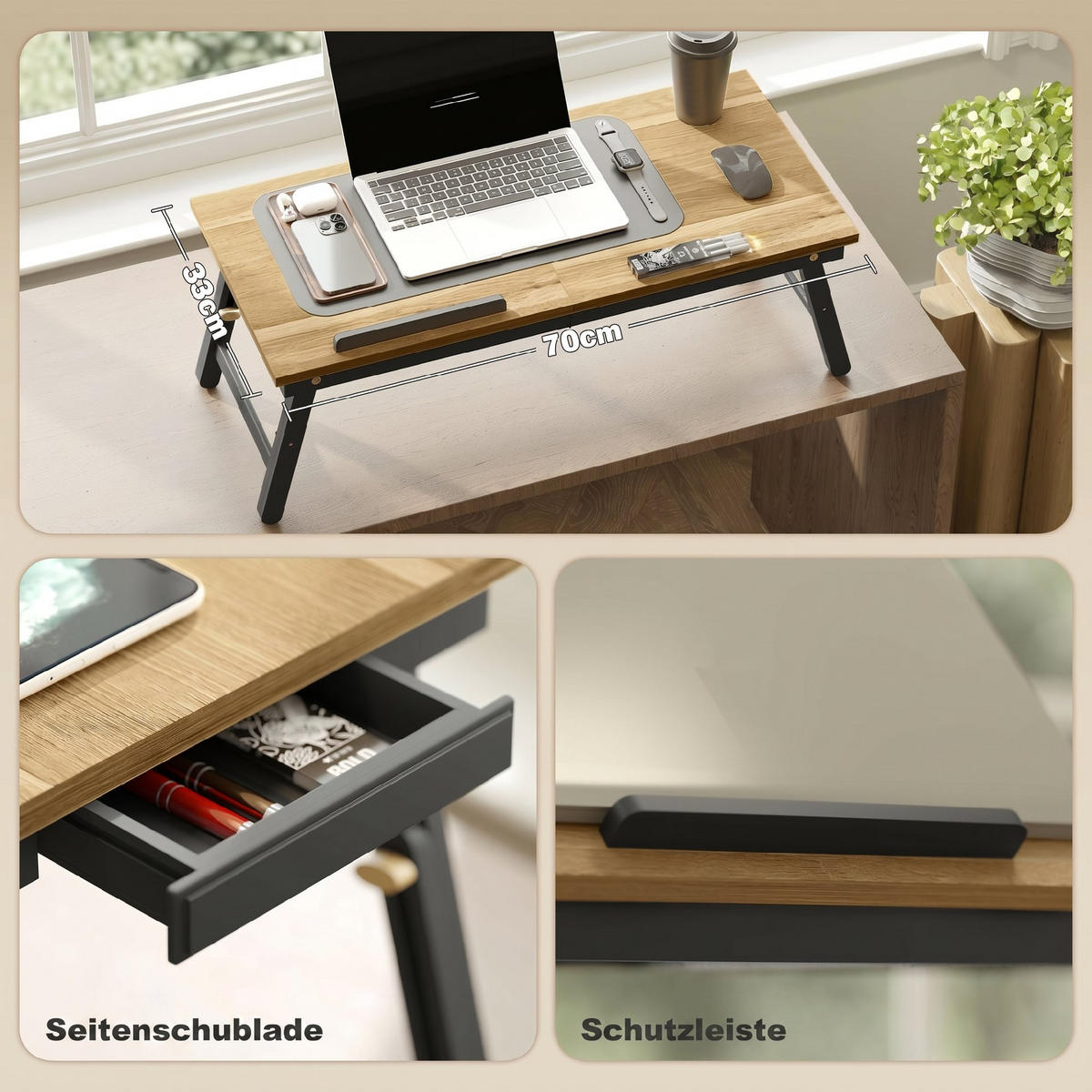 BETTTISCH Bambus Eiche - Eichefarben/Schwarz, Holzwerkstoff/Bambusholz - HOMCOM