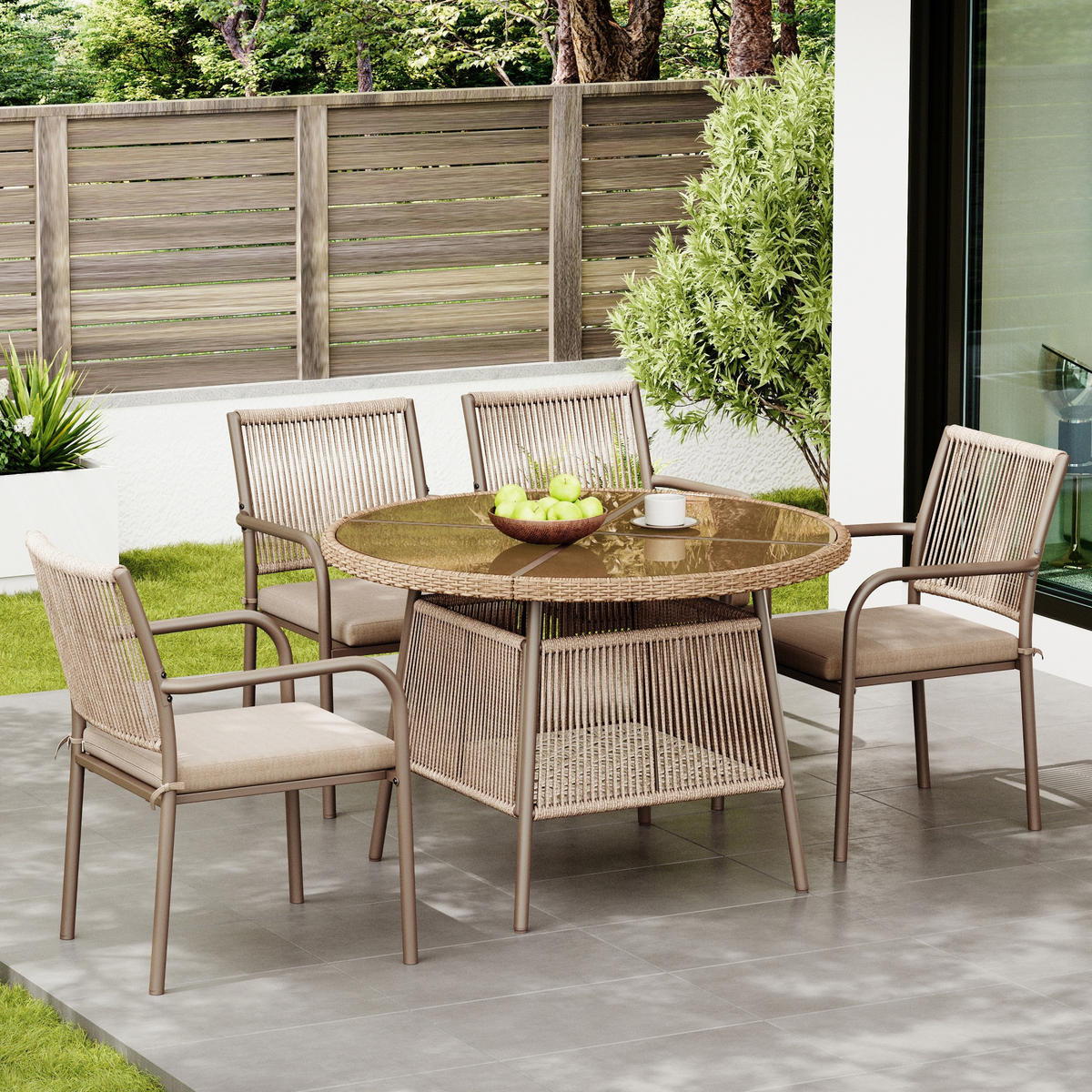 GARTENSET Rattan Tisch 4 Stühle rund Glas - Braun, Glas - LEBENLANG