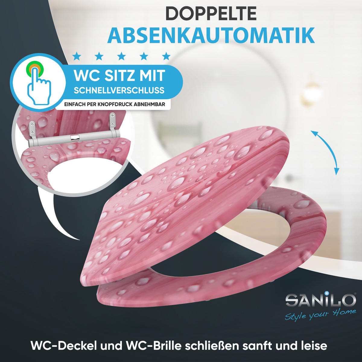WC-SITZ mit Absenkautomatik & Top Fix Pink Flower - Pink, Holzwerkstoff (37.7/5.5/48cm) - Sanilo