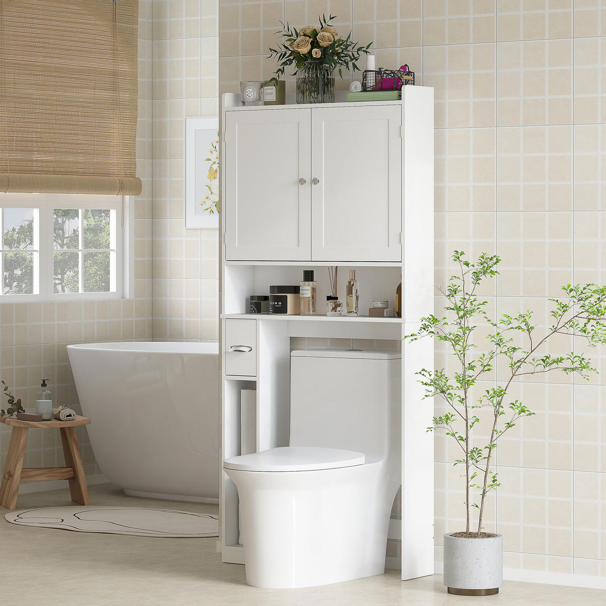BADEZIMMERREGAL DE-15932 mit Toilettenpapierhalter Weiß - Weiß, Holzwerkstoff (19.5/170/80cm) - ComfortXL