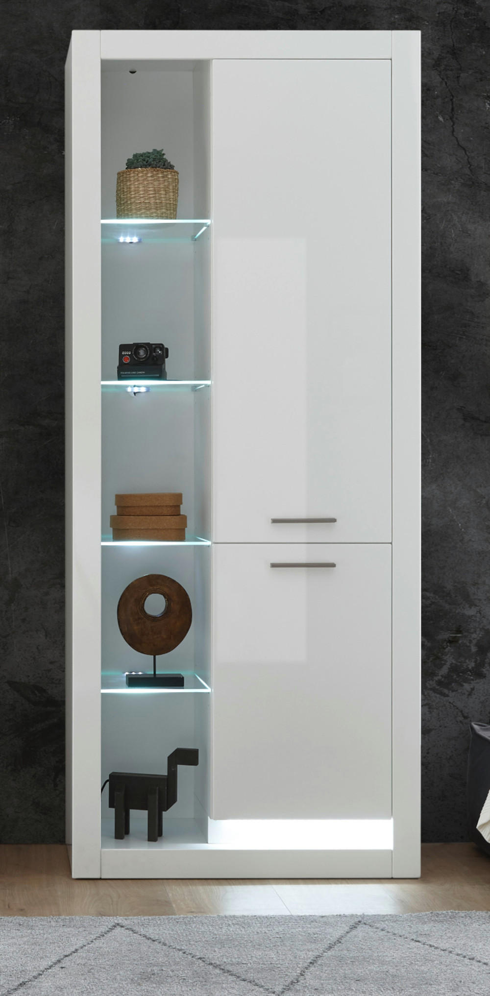 VITRINE weiß Hochglanz 80 x 195 cm, Vitrinenschrank mit 10 Fächern - Weiß Hochglanz/Silberfarben, Glas/Holzwerkstoff (80/195/37cm) - Furn.Design
