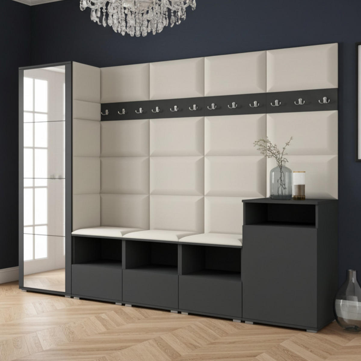 GARDEROBE NELA XI 250 cm (Modulare Flurmöbel Graphit mit Spiegel & Sitzpolster Creme 01 Großes Set) - Silberfarben/Creme, Holz/Holzwerkstoff (250/187/40cm) - Ravio