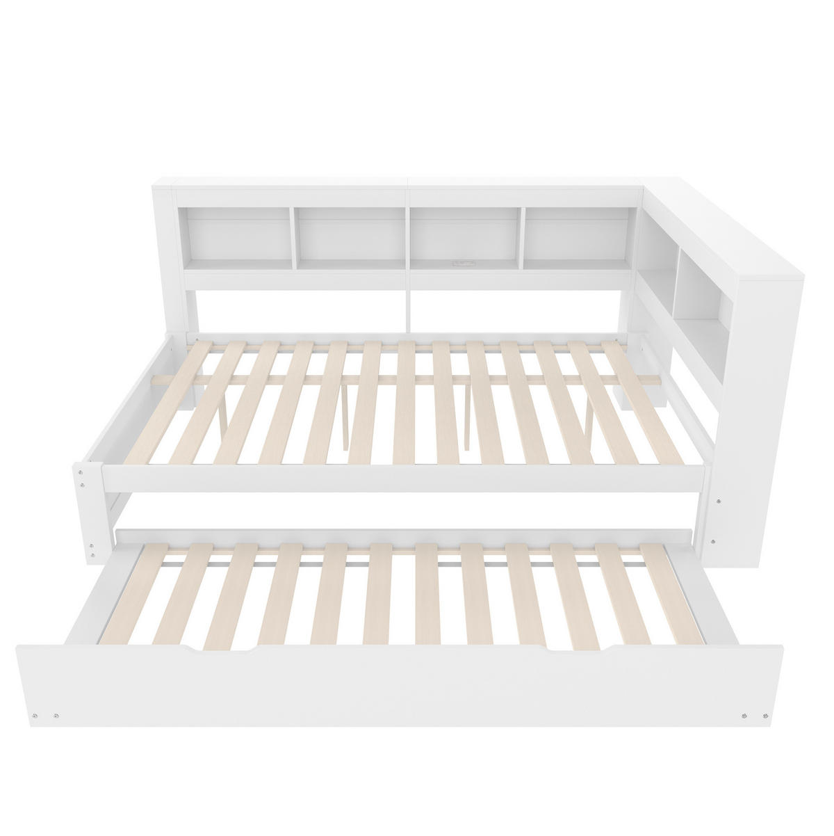 POLSTERBETT 140/200 cm mit Ausziehbett, USB-Anschlüssen, Steckdose und 2 Schubladen, MDF/Kiefernholz, Weiß - Weiß, Holzwerkstoff (140/200cm) - Redom