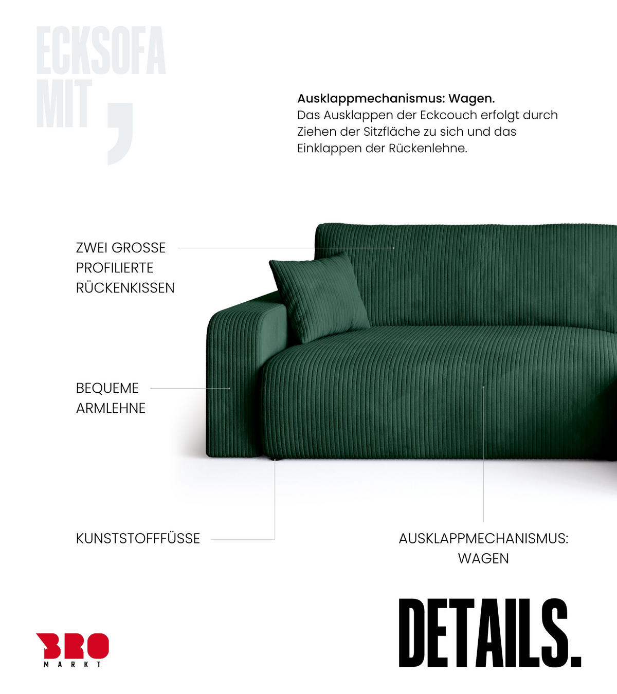ECKSOFA Bisk mit Schlaffunktion Flaschengrün Cordstoff - Dunkelgrün, Textil (275/170cm) - Bromarkt
