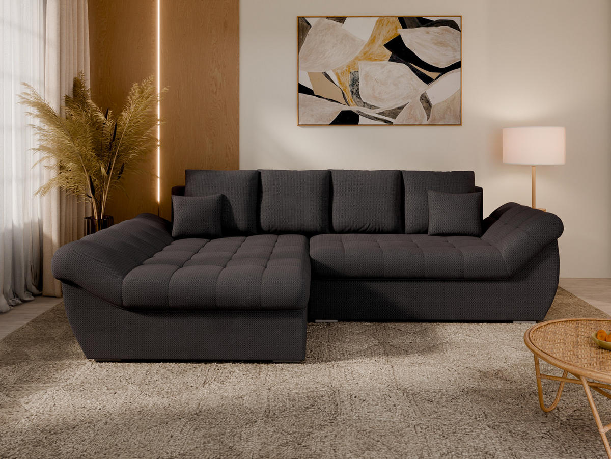 ECKSOFA ZAYA mit Schlaffunktion L-Form, Sofa mit Bettkasten, Wohnzimmersofa, Couch, Soffa, Bettsofa, LINKS- Anthracite - Anthrazit, Holz (279/175cm) - Homesy