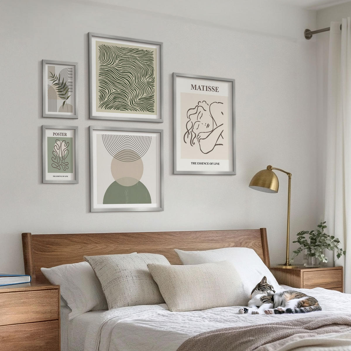 WANDBILDER 5er Set - 50x50 cm & 20x30 cm & 40x60 cm Silberner Rahmen - Geometrische botanische Muster - Silberfarben, Kunststoff (40/60cm) - ArtPrintCave