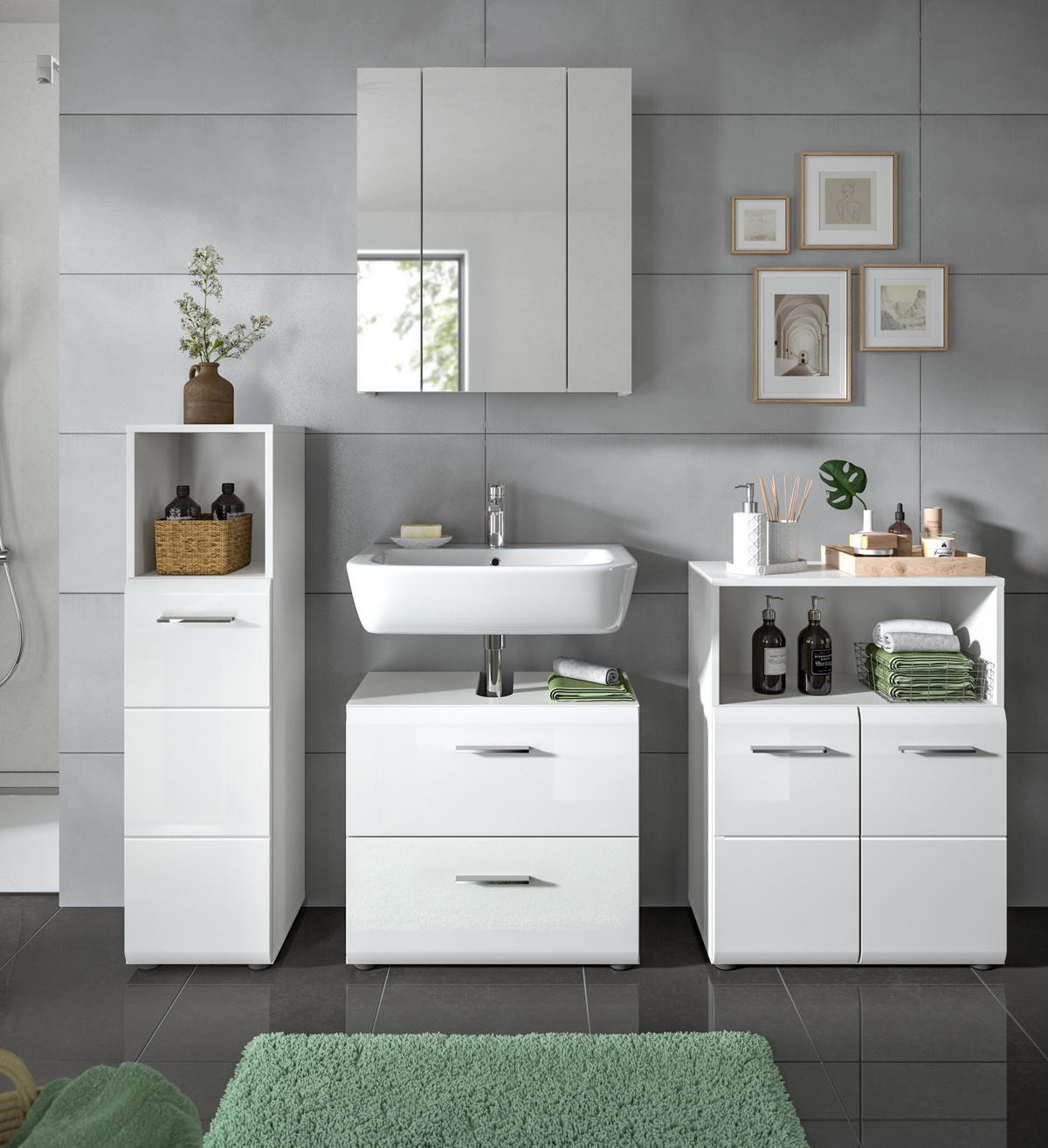 BADKOMMODE weiß Hochglanz, Badezimmer Kommode 30 cm - Weiß Hochglanz/Silberfarben, Holzwerkstoff/Kunststoff (30/110/30cm) - Inn.Furn