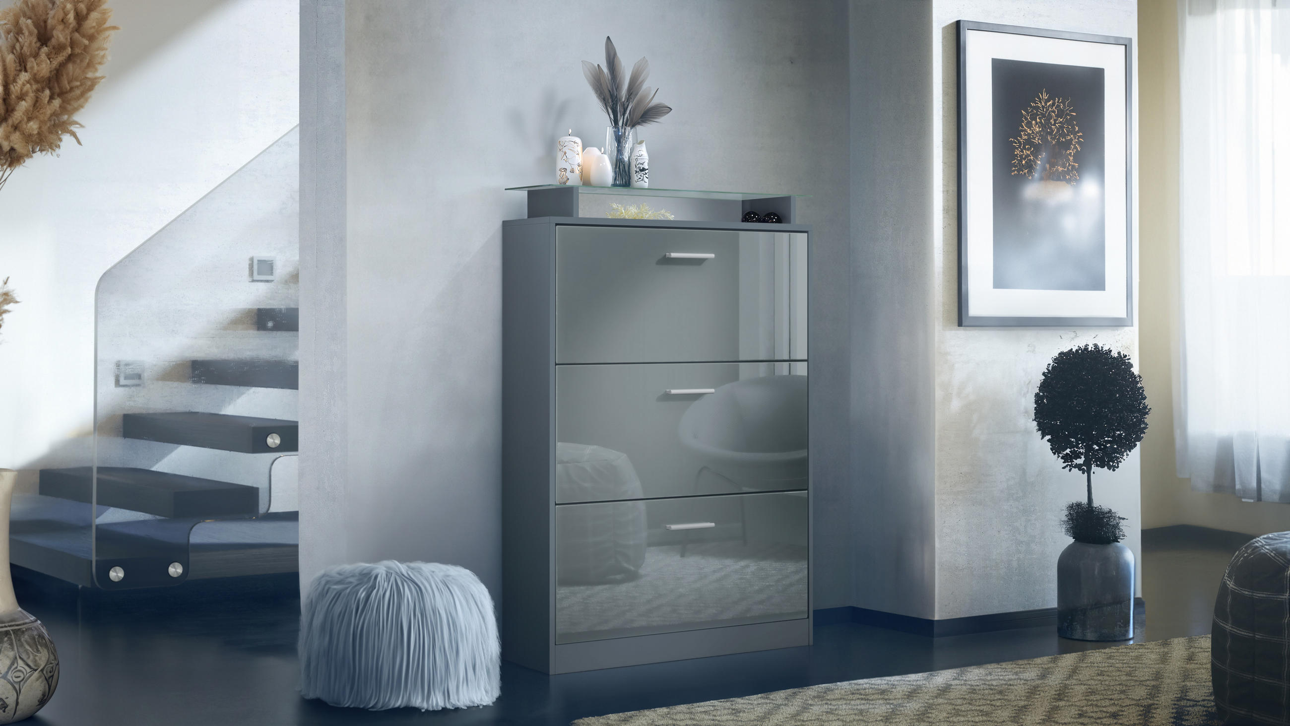 SCHUHSCHRANK Lavia Front in Grau Hochglanz - Grau, Holzwerkstoff (89/128/23cm) - Vladon