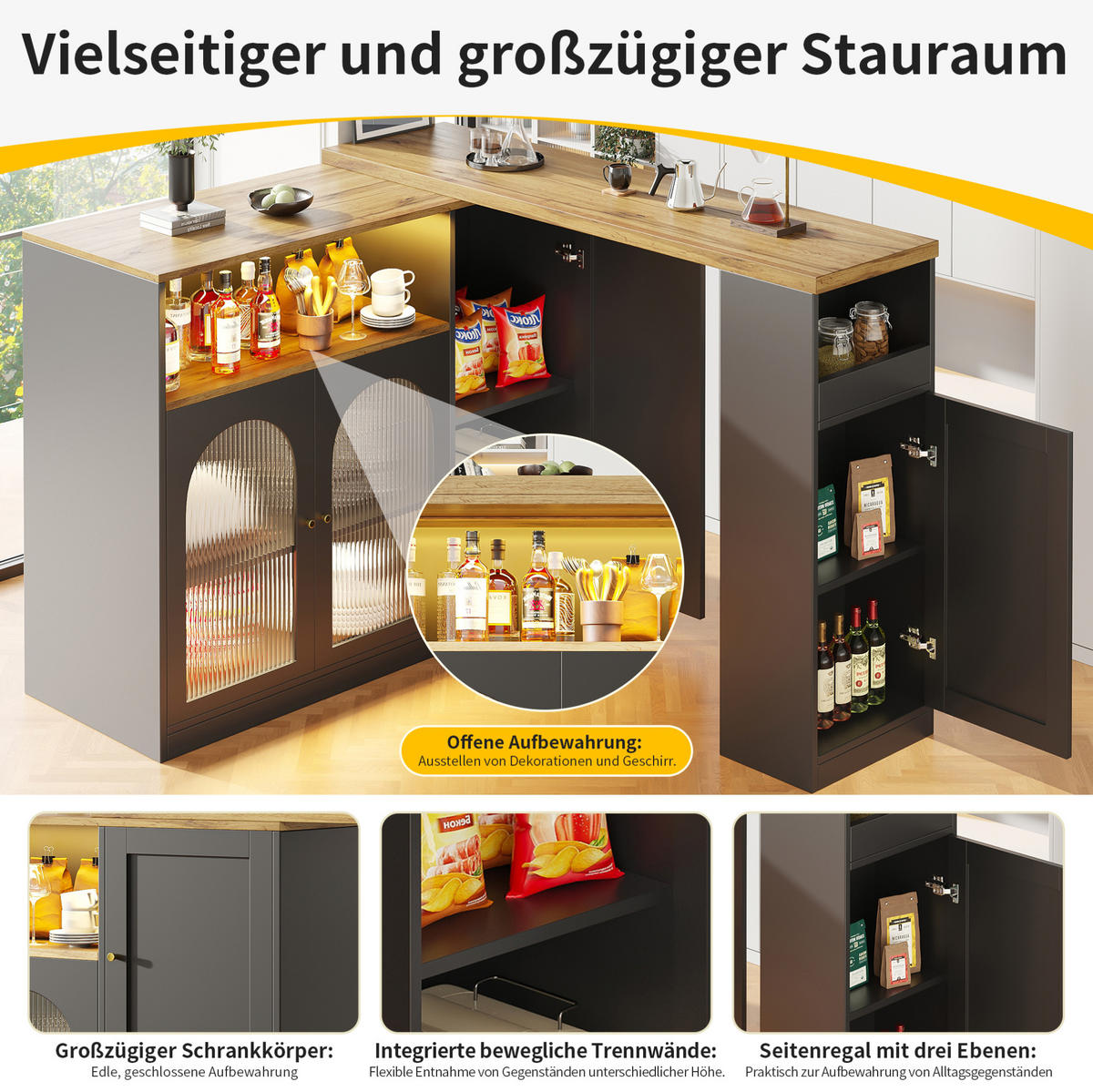 BARTISCH drehbar mit LED ca. 197 x 39,6 x 100 cm MDF Schwarz - Schwarz, Holzwerkstoff (39.6/100/197cm) - Meubliv