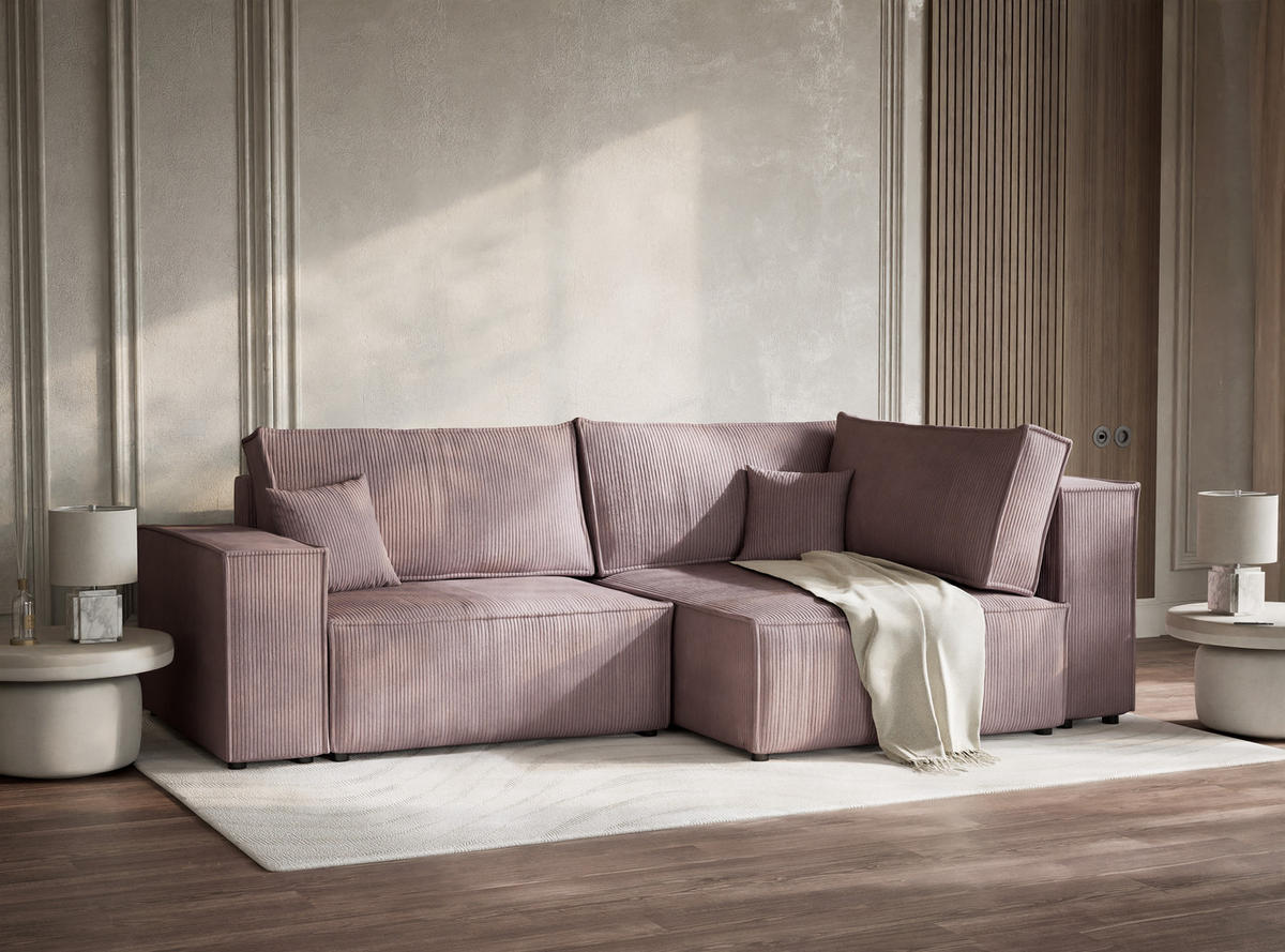 ECKSOFA MIT SCHLAFFUNKTION Tonga Lila Samtstoff - Flieder/Schwarz, Holz/Holzwerkstoff (255/105cm) - Maison de Reve