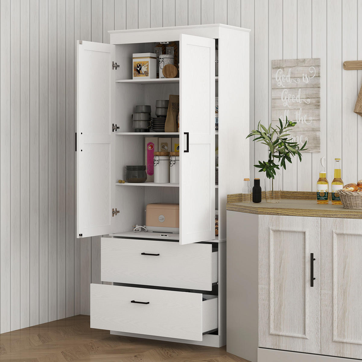 HIGHBOARD DE-11114 2 Schubladen & verstellbare Böden Creme - Weiß, Holzwerkstoff (39/178/75cm) - ComfortXL