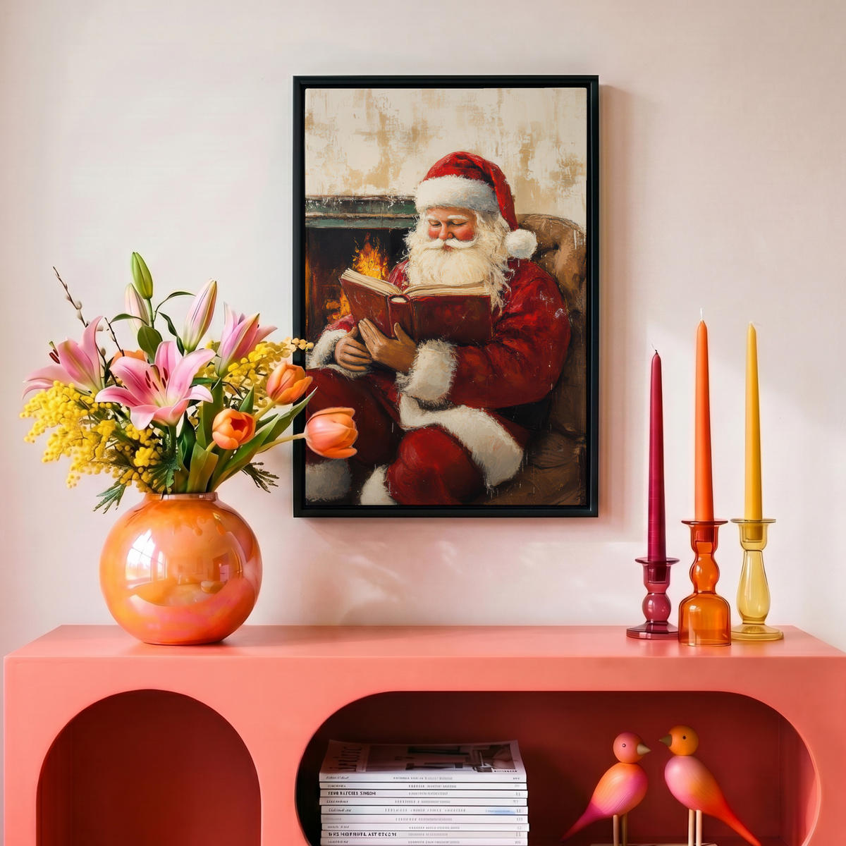 LEINWAND Bilder mit Rahmen - Weihnachten - Weihnachtsmann - Winter - Open Fireside - 20x30 - Dunkelrot, Textil (20/30cm) - MuchoWow