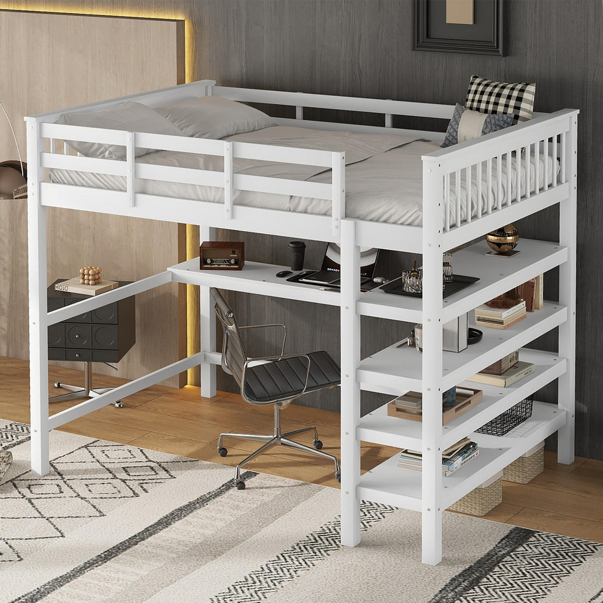 HOCHBETT 140/200 cm weiß mit Ablagefächern und Unterbettschreibtisch - Weiß, Holz (140/200cm) - OKWISH