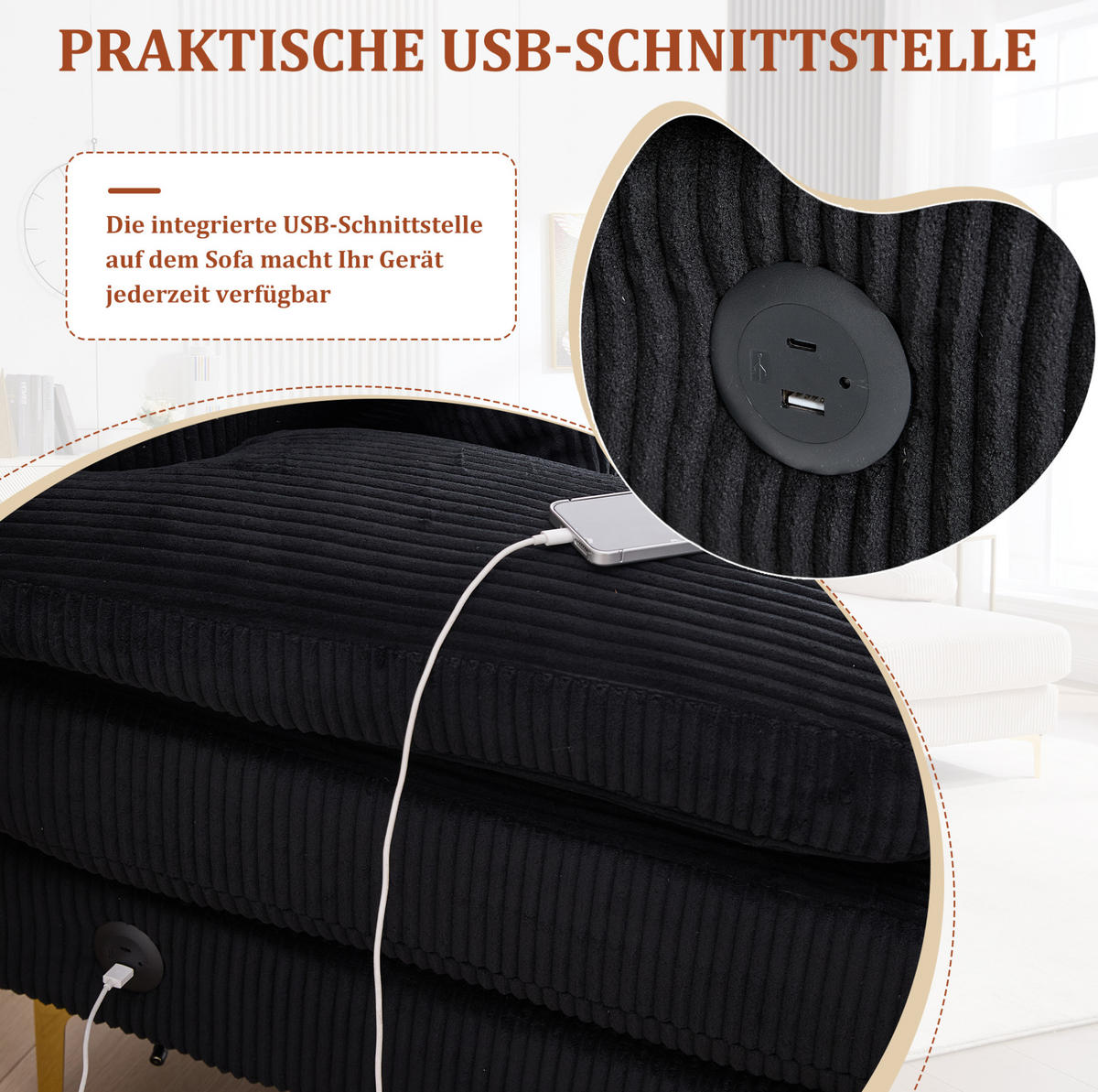 WOHNLANDSCHAFT 265/135/88 cm in Schwarz aus Samt mit LED-Beleuchtung und USB-Anschluss - Schwarz, Textil (135/88/265cm) - Flora Grace