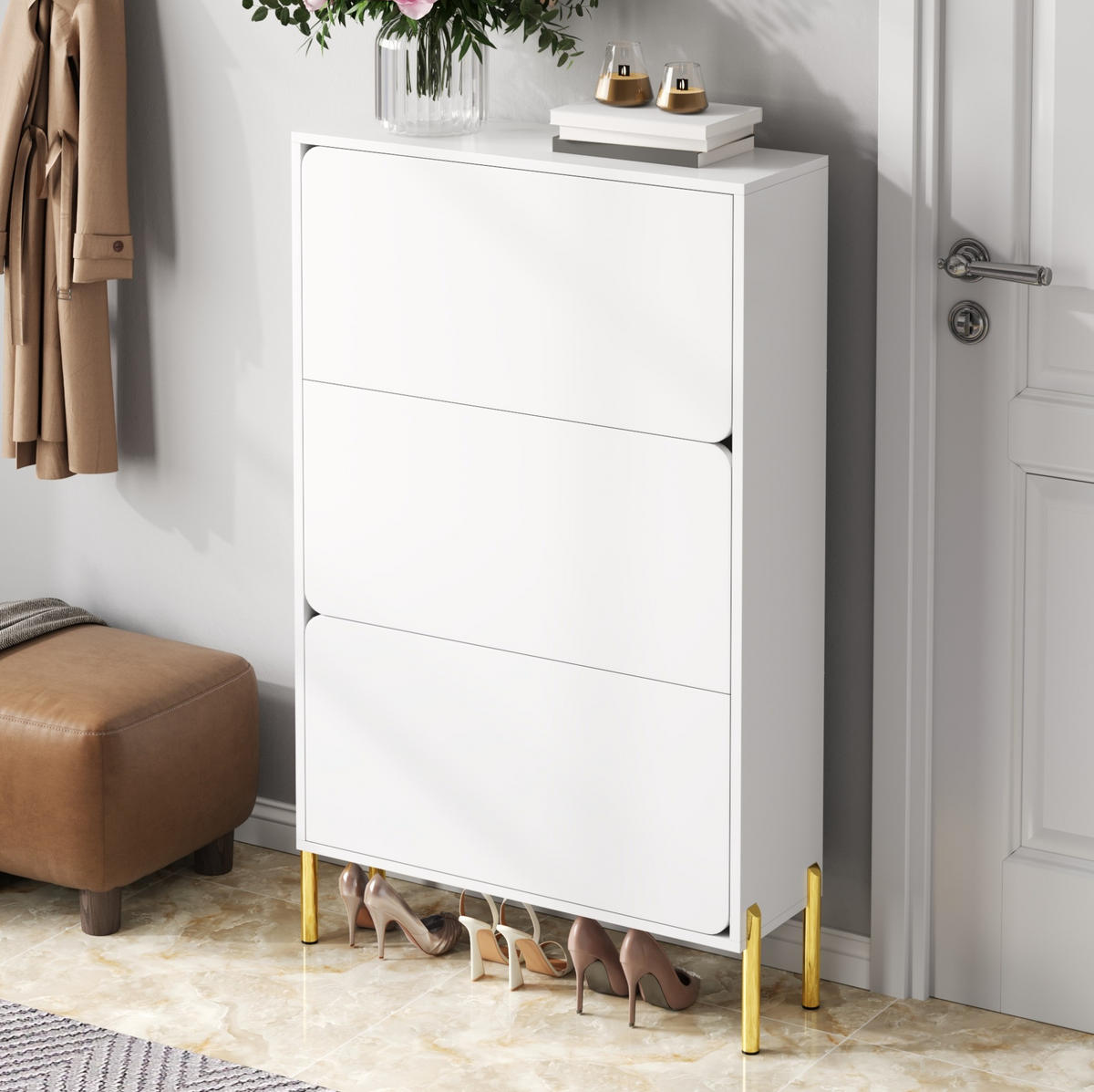 SCHUHSCHRANK 73/24/120 cm in Weiß mit 3 Türen und goldfarbenen Beinen - Weiß, Holzwerkstoff (73/120/24cm) - Flora Grace