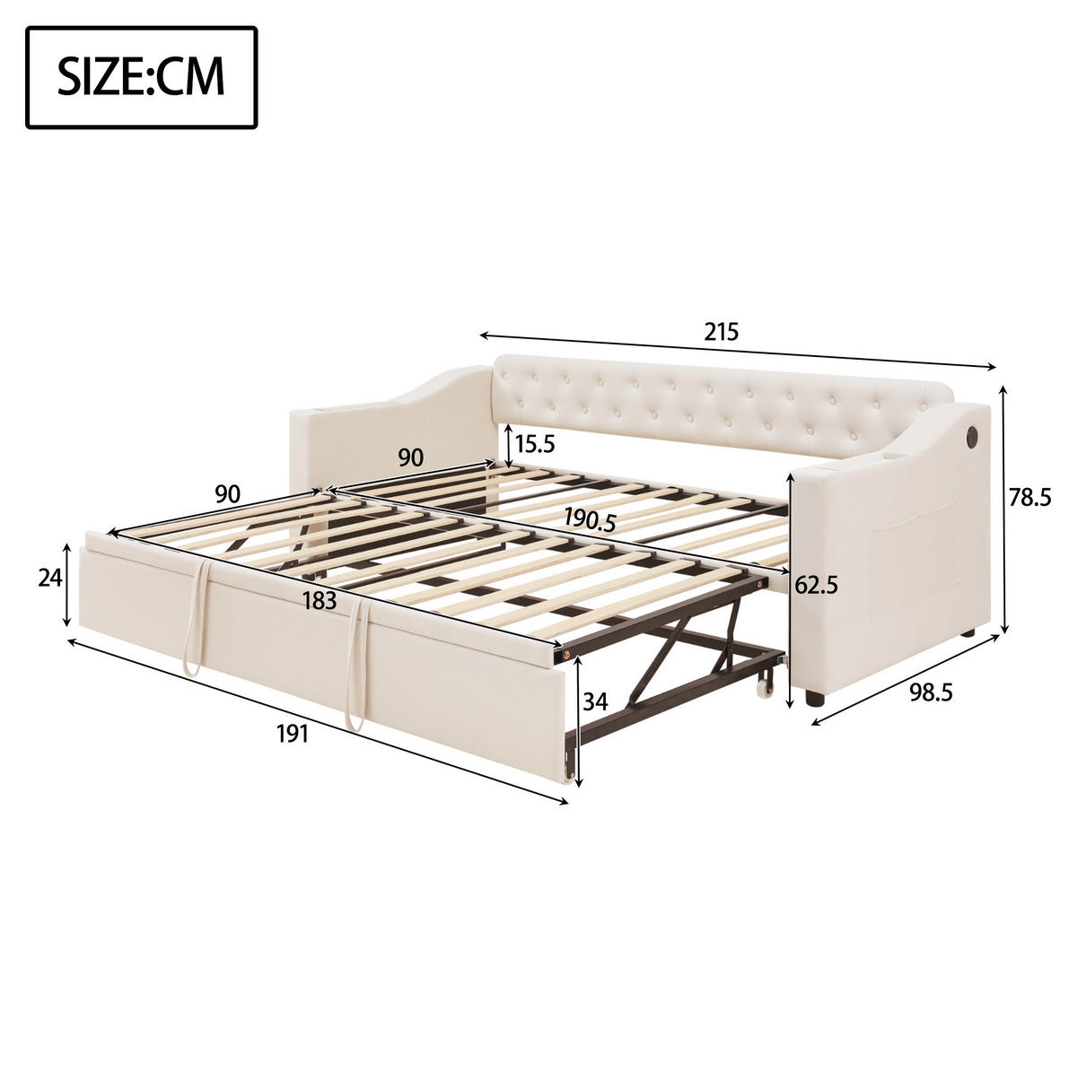 SCHLAFSOFA 90/190 cm ausziehbar auf 180/190 cm mit USB-C, USB und Stauraum aus Samt, Beige - Beige, Textil (98.5/78.5/215cm) - Redom