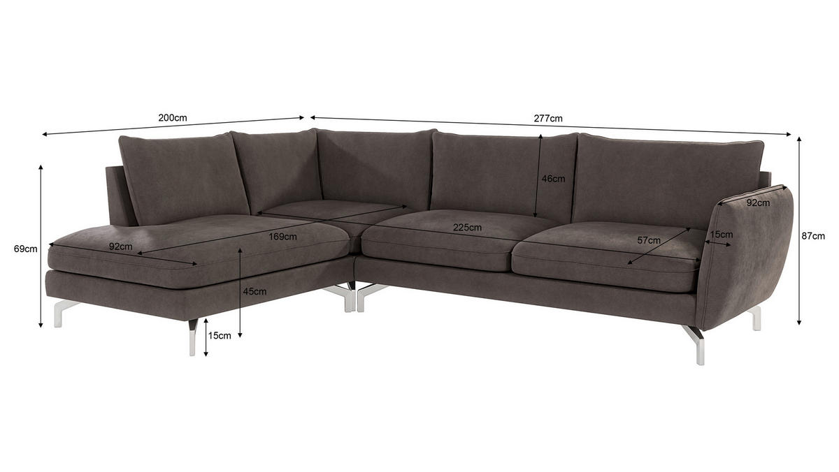 ECKSOFA Elou Braun - Khaki Microfaser - Chromfarben/Dunkelbraun, Holz/Textil (277/200cm) - S-Style Möbel