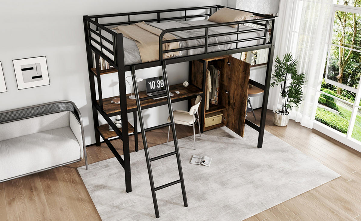 HOCHBETT Mit Bücherregalen, Schreibtisch und Kleiderschrank Schwarz - Schwarz, Holzwerkstoff/Metall - Urban Meuble