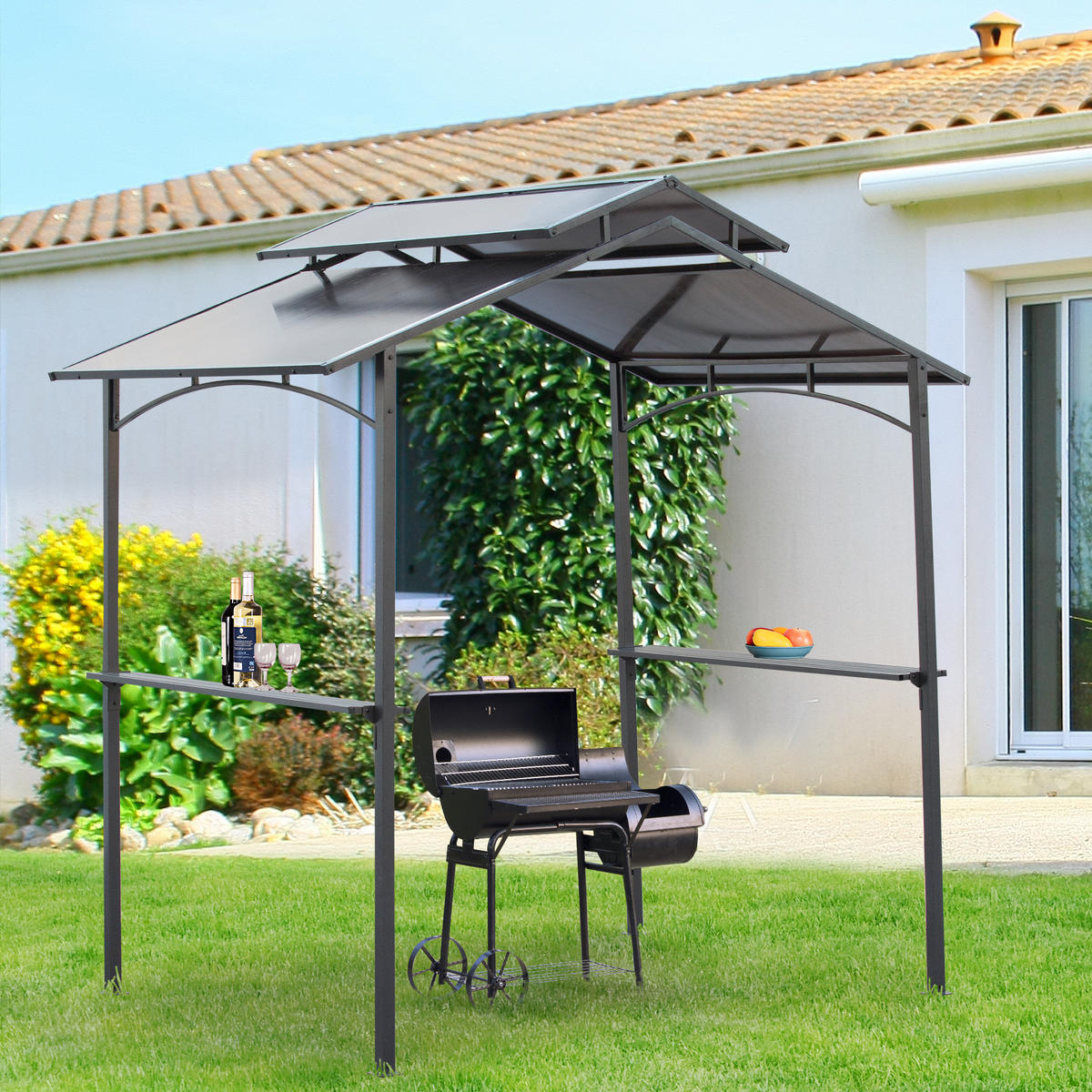 GRILLPAVILLON mit Flammschutzdach 2,5 x 1,5m BBQ-Pavillon mit 2 Ablagen Stahl PC - Schwarz/Braun, Kunststoff/Metall (150/250/240cm) - Outsunny