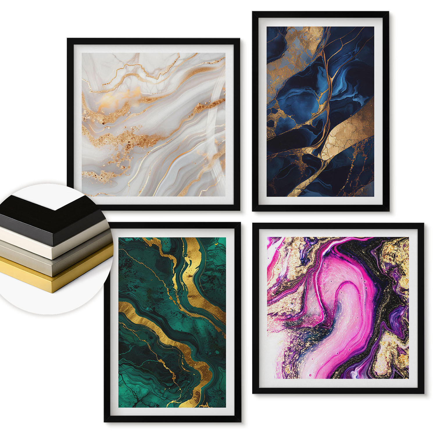 WANDBILDER 4er-Set - 50x50 cm & 40x60 cm Schwarzer Rahmen - Abstrakter Marmor mit Farben - Schwarz, Kunststoff (50/50cm) - ArtPrintCave