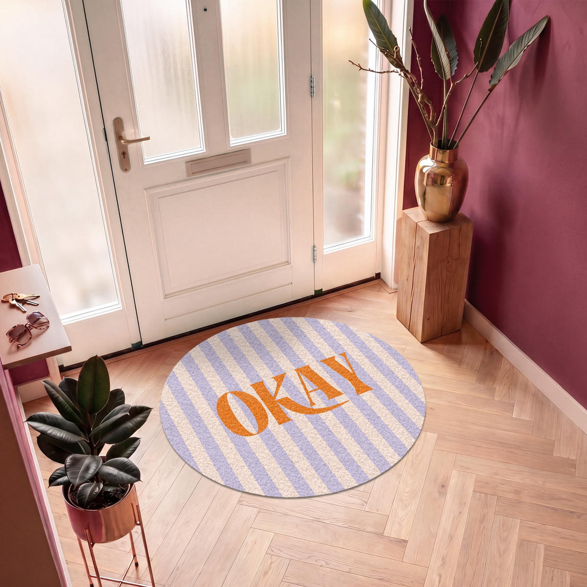 FUSSMATTE Lila – Orange – Streifen – Okay 120x120 cm - Flieder, Kunststoff (120/0.4cm) - MuchoWow