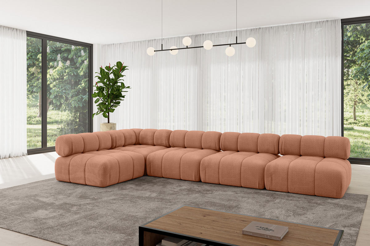 ECKSOFA modulares Sofa Samaro-L3 - 380x190x70 cm Apricot Velours - Koralle, Holzwerkstoff/Textil (380/190cm) - ALTDECOR