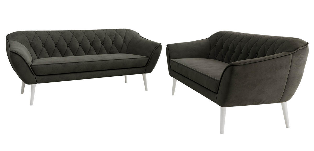 SEDACÍ SOUPRAVA 3+3 PIRS - Tmavě šedá Samet - Bílé nohy - bílá/tmavě šedá, kompozitní dřevo/textil (180/75/74cm) - MKS
