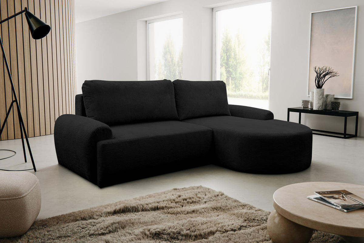 ECKSOFA Dream Cord in L-Form mit Schlaffunktion und Bettkasten, Farbe: Schwarz, Cordstoff, Ottomane Rechts - Schwarz, Textil (260/136cm) - VENASI MÖBEL