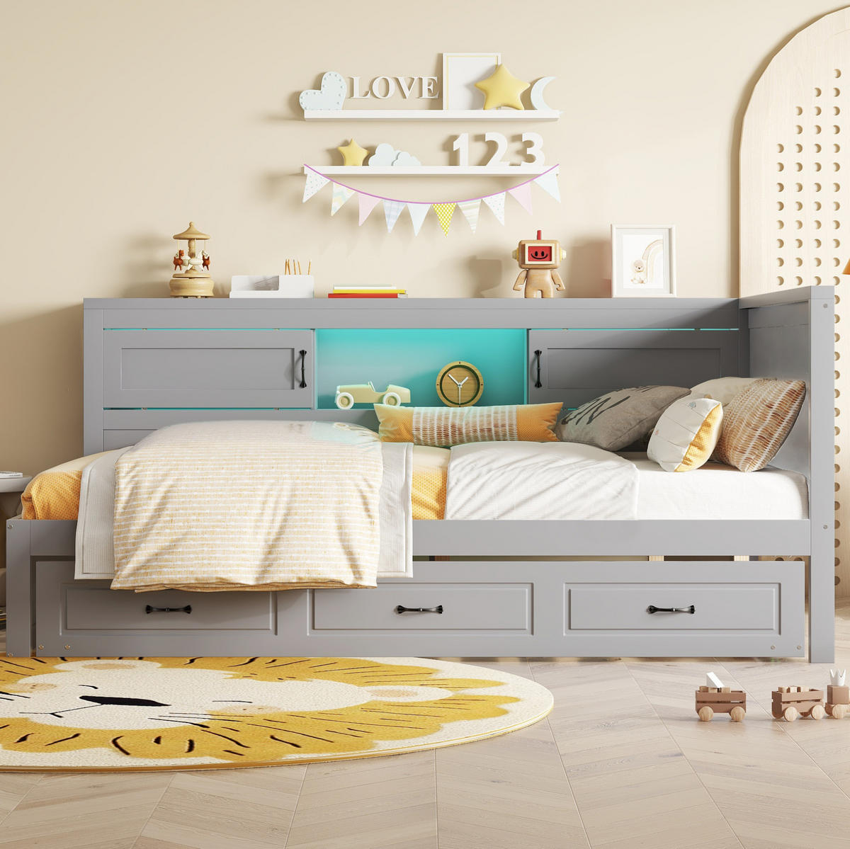 POLSTERBETT aus Spanplatte & MDF 90x200 cm in Grau mit LED, Ausziehbett & USB - Grau, Holzwerkstoff (90/200cm) - Modfu