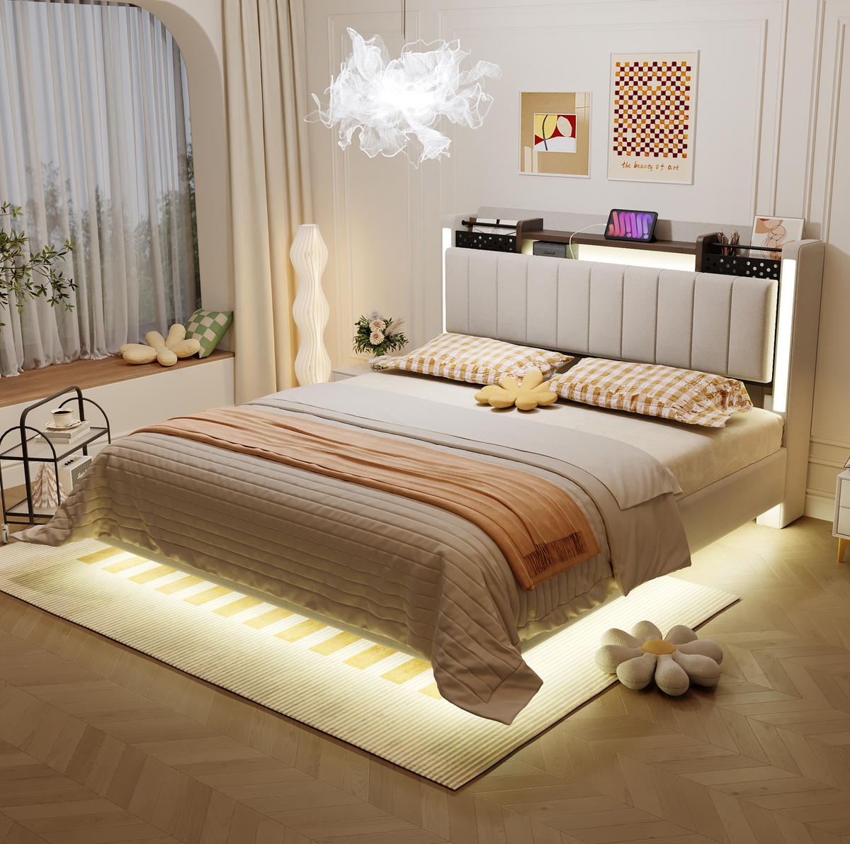 ČALÚNENÁ posteľ z látky 140x200 cm béžová s LED osvetlením, USB portom a úložným čelom - béžová, textil (140/200cm) - Modfu