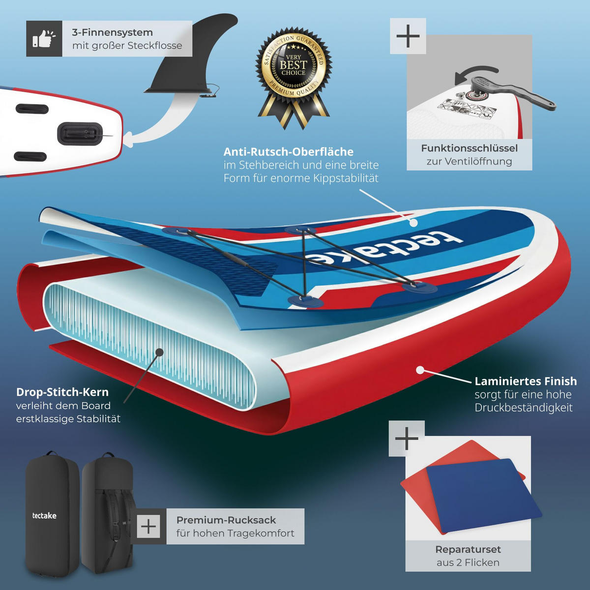 STAND-UP PADDLE BOARD , 288 x 77 x 22,5 cm, rot/blau - Rot, Kunststoff (288/77/0.23cm) - tectake