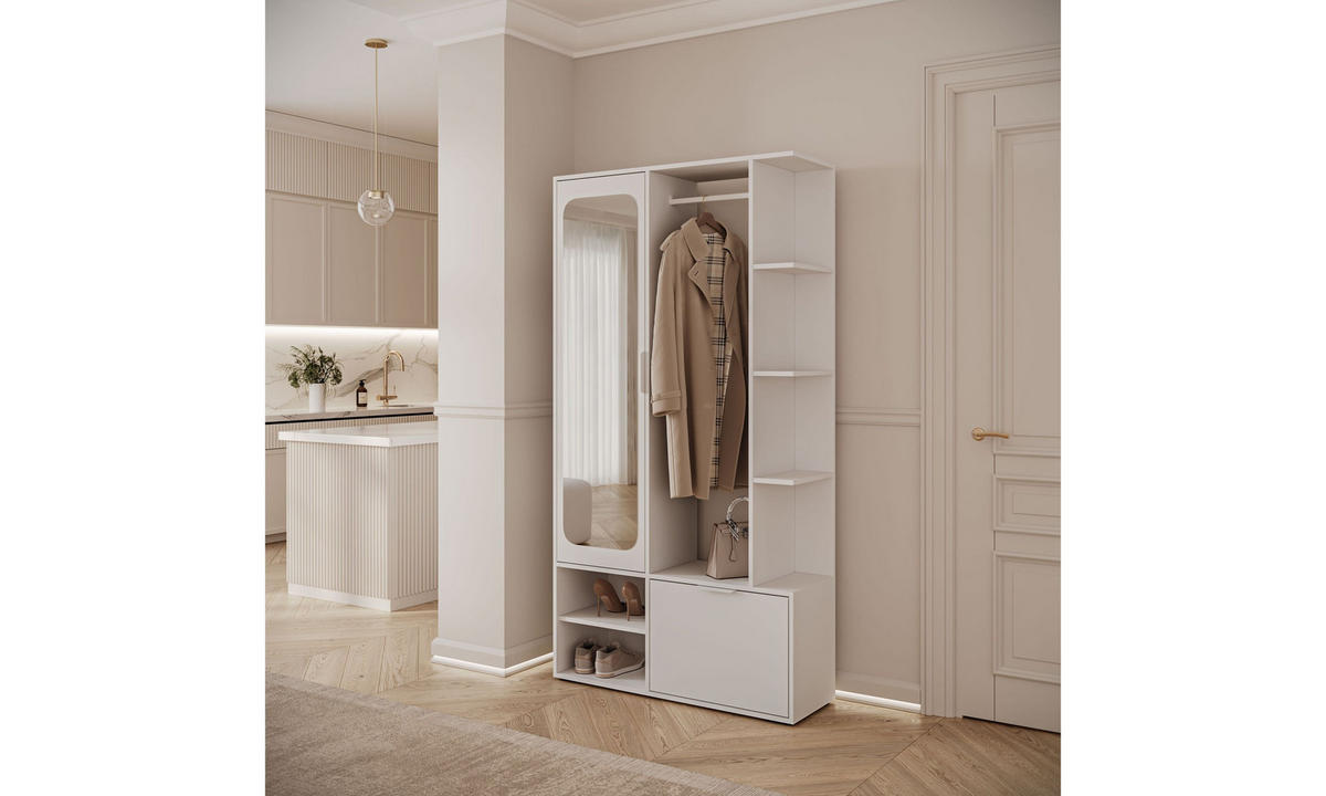 GARDEROBE NOLA 100/33,1/188,5 cm Weiß mit Spiegel und Schuhschrank - Weiß, Holzwerkstoff/Metall (100/188.5/33.1cm) - Lookway