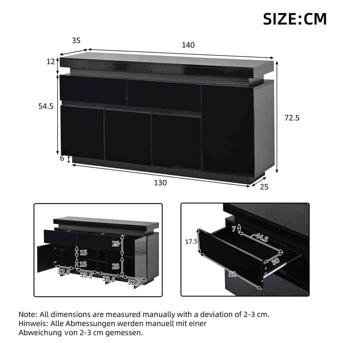 SIDEBOARD DE-37813 mit LED-Beleuchtung und 4 Türen Schwarz - Schwarz, Holzwerkstoff (140/72.5/35cm) - ComfortXL