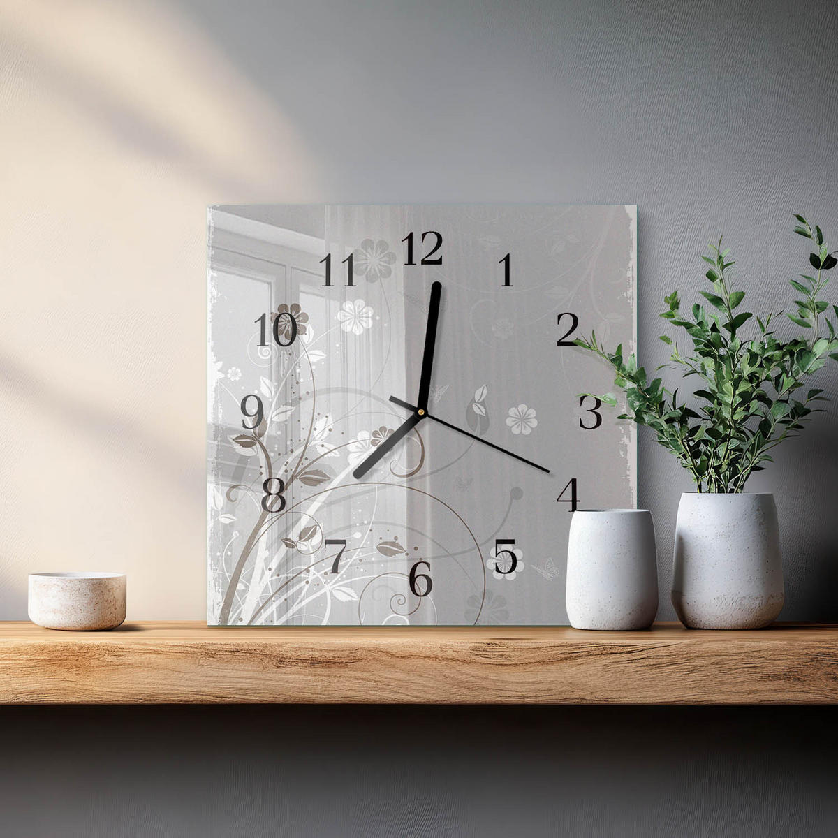 WANDUHR 30x30 cm - Blumen - Grau, Glas (30/30/0.4cm) - TULUP