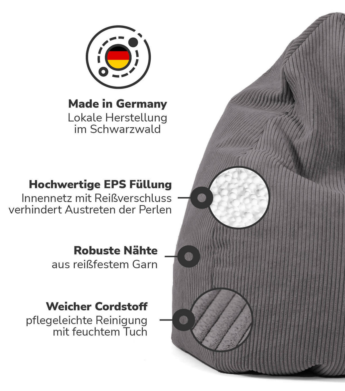 SITZSACK Cord mit Hocker Der Tagträumer - Anthrazit, Textil (180/80/80cm) - Mokebo