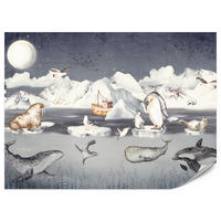 FOTOTAPETE für Kinderzimmer Arktische Tiere Pinguine Robben Mond Gebirge 400x280 - Orange/Weiß, Papier (400/280cm) - Muralo