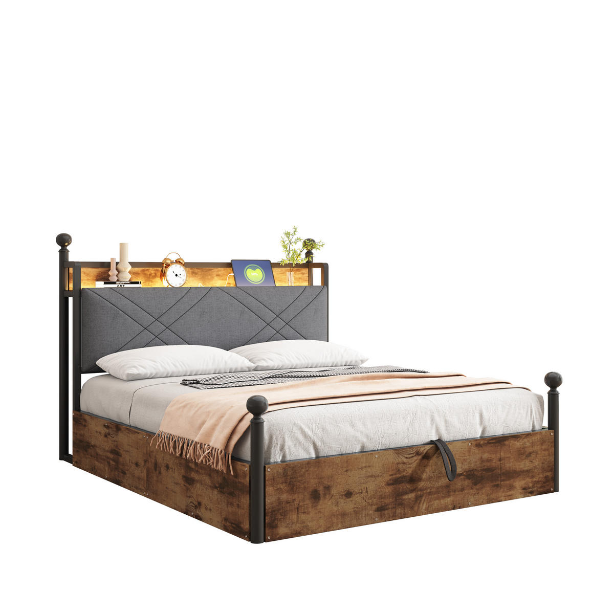 METALLBETT 140/190 cm schwarz mit hydraulischem Stauraum und LED-Beleuchtung - Schwarz, Metall (140/190cm) - OKWISH