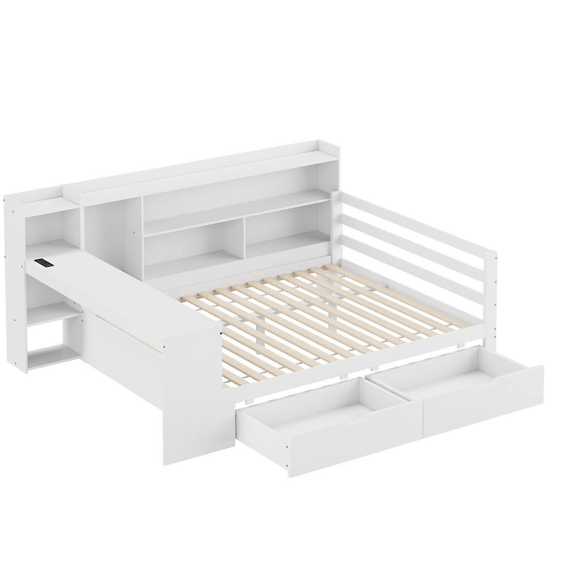 MULTIFUNKTIONSBETT 140/200 cm Weiß aus Massivholz mit Schreibtisch und Regalen - Weiß, Holz (140/200cm) - OKWISH
