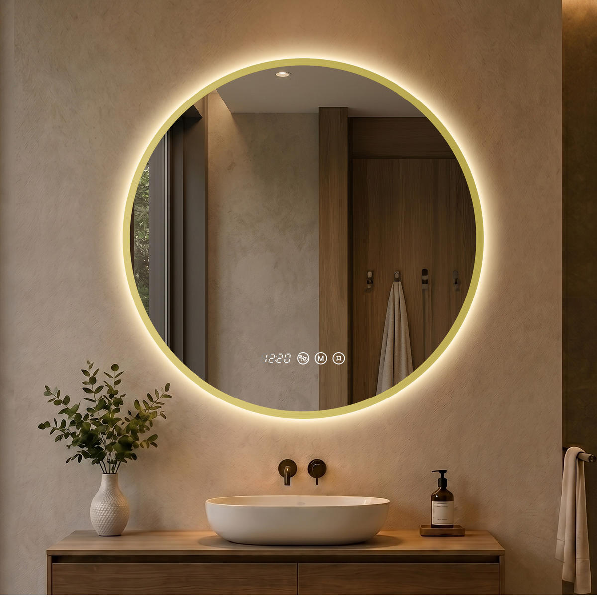 BADSPIEGEL mit Beleuchtung 70 cm rund gold mit Aluminiumrahmen, LED dimmbar und Antibeschlag - Goldfarben, Glas (70/70/3.3cm) - S'AFIELINA