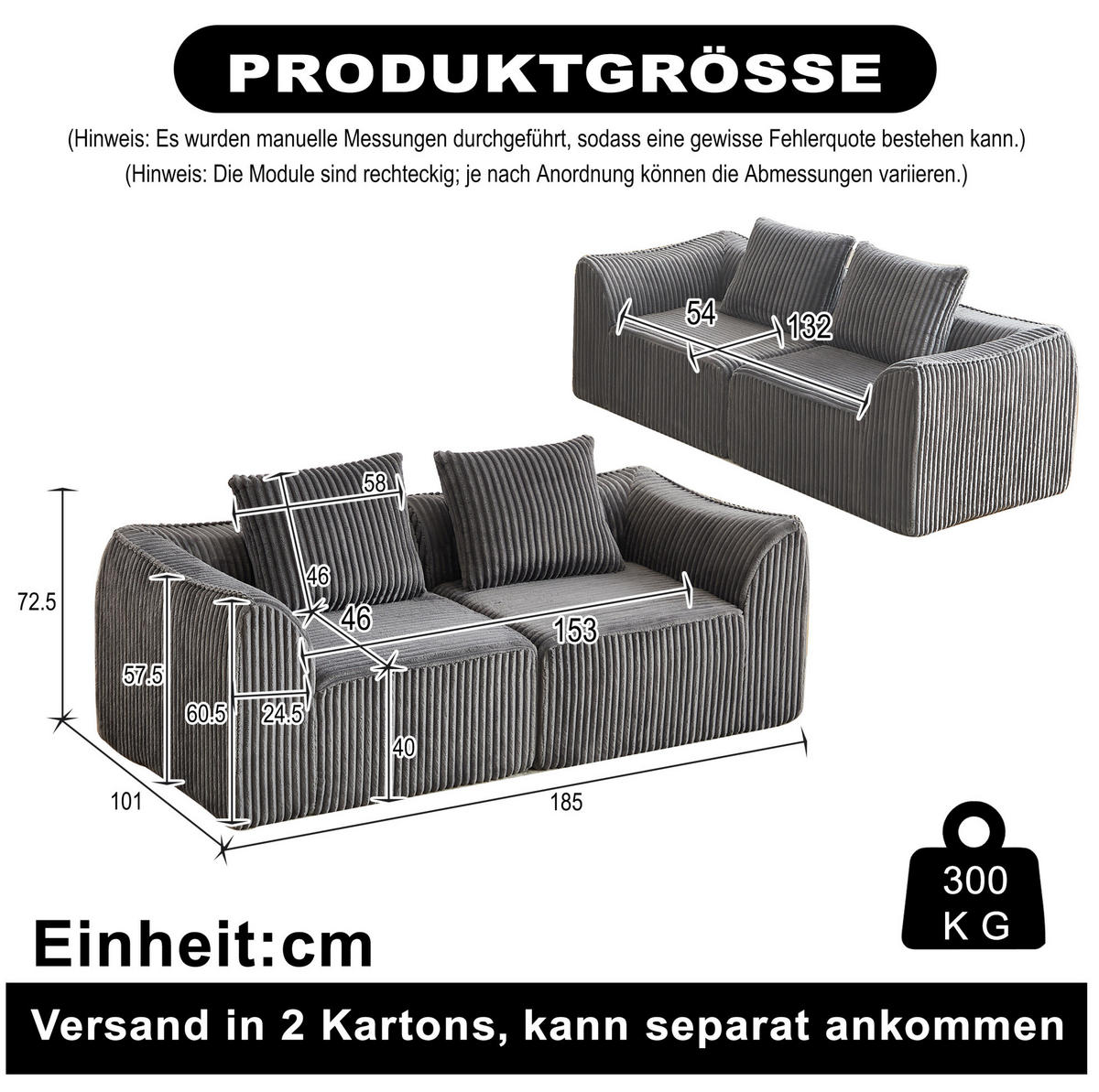 SOFA modular Cord Grau mit Kissen - Grau, Kunststoff (101/72.5/185cm) - Meubliv